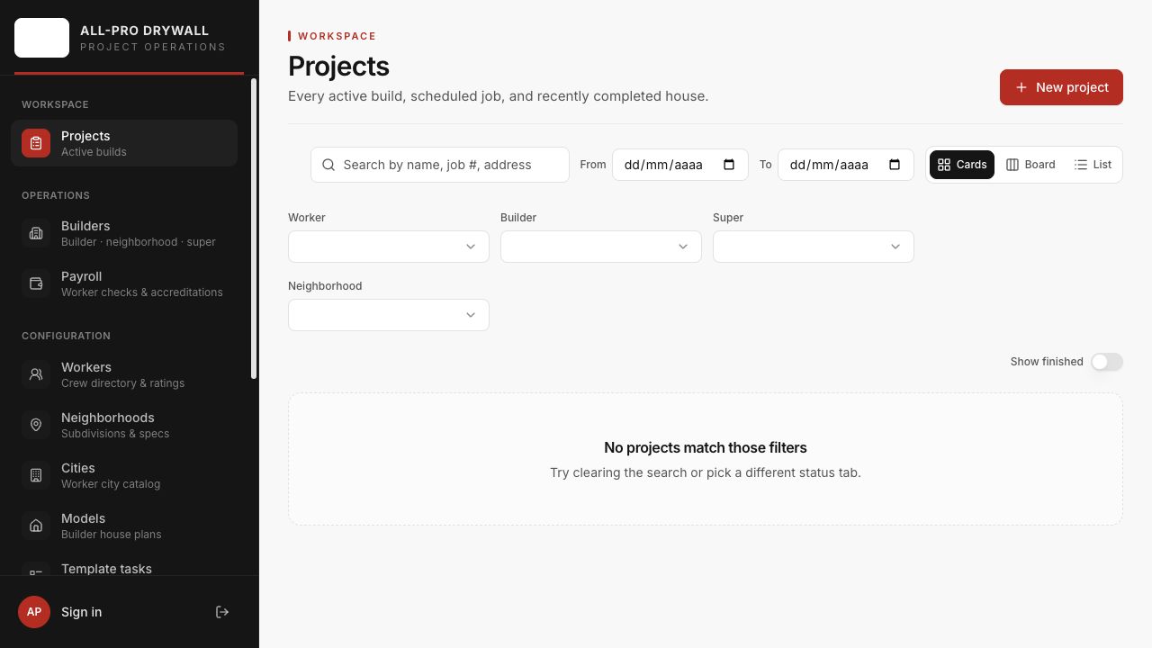 All-Pro Drywall website interface